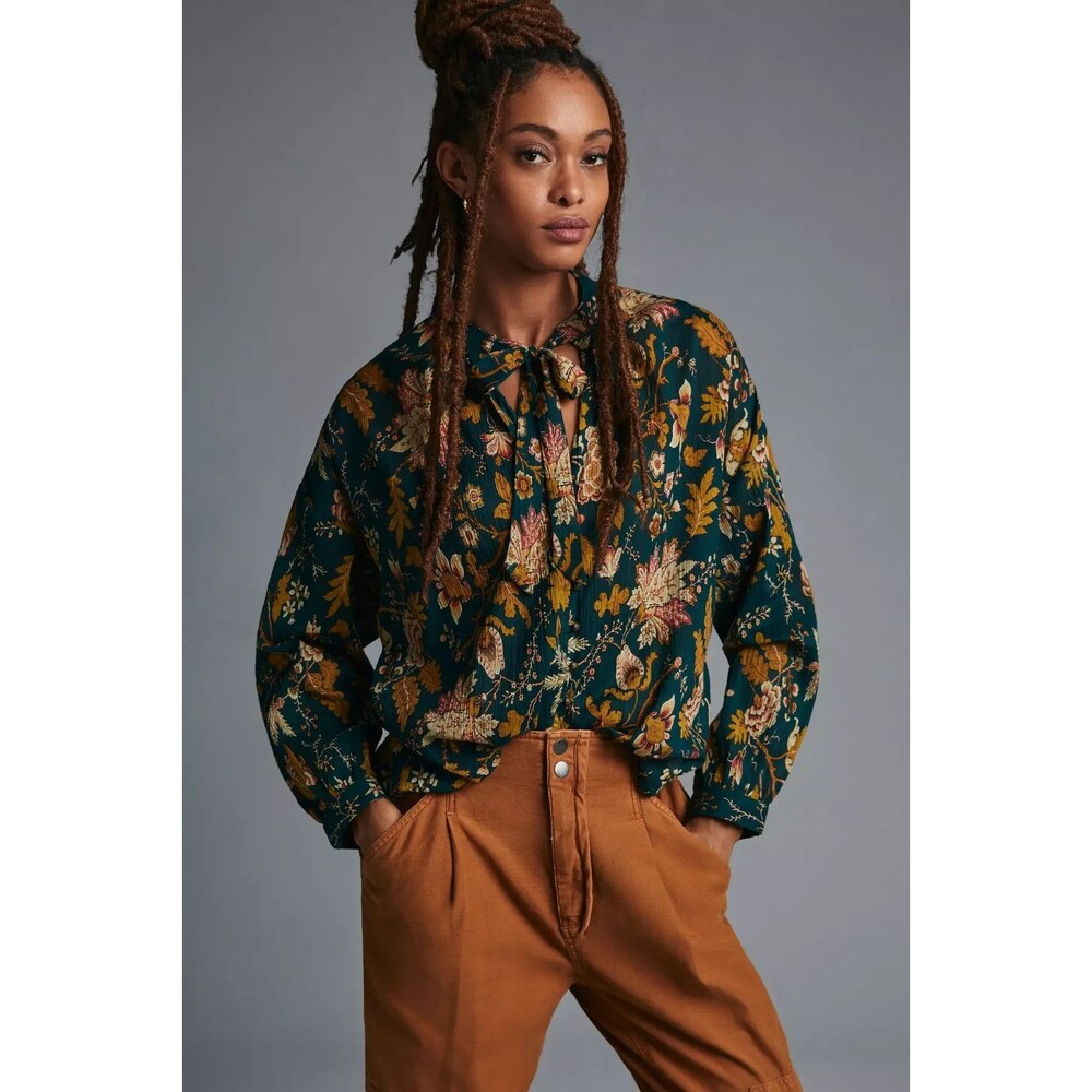 PILCRO Green Floral Tavi Tie Neck Bow Crinkle Buttondown Blouse Twee SIZE XS